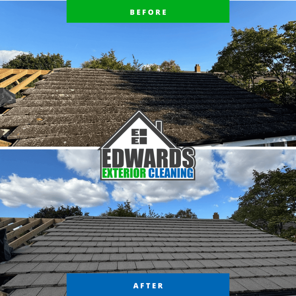 Low-pressure roof cleaning rinse removing algae staining on a house roof