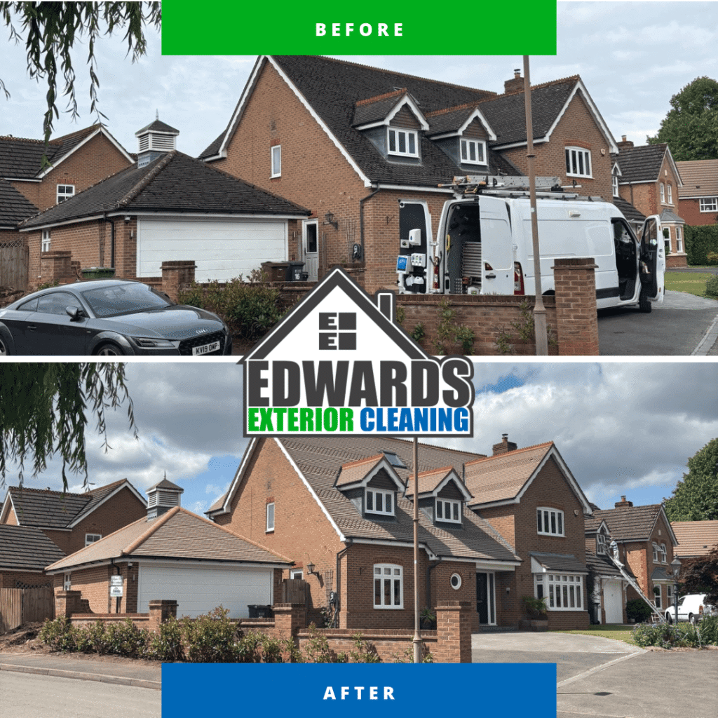 Roof moss being scraped from tiles during roof cleaning in Solihull