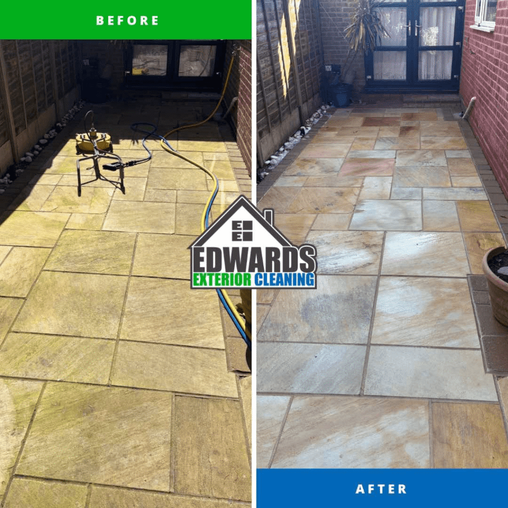 Path pressure washing before and after cleaning moss and dirt