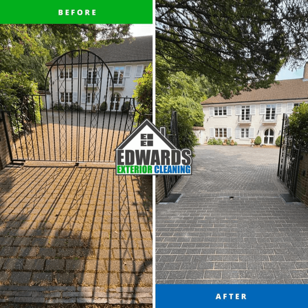Driveway jet washing before and after removing marks and grime