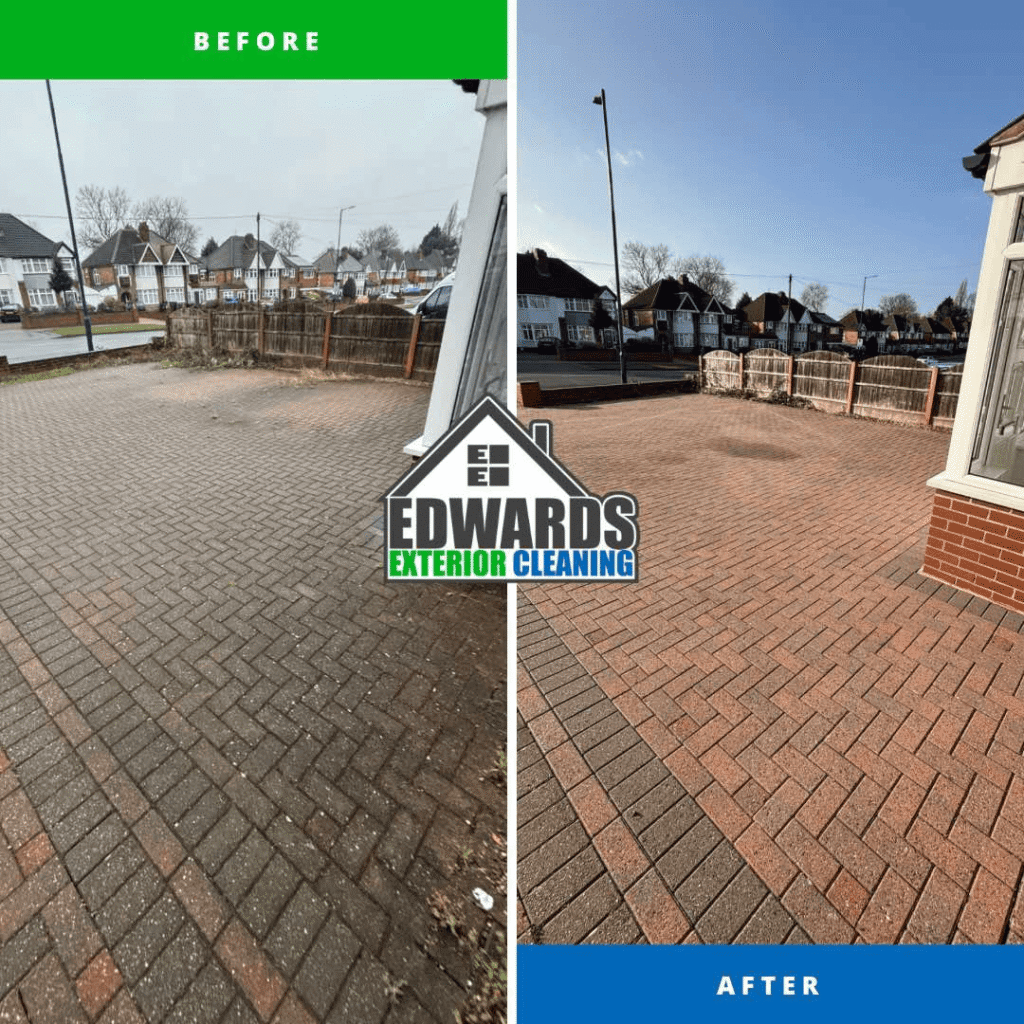 Pressure washing before and after driveway cleaning in Solihull